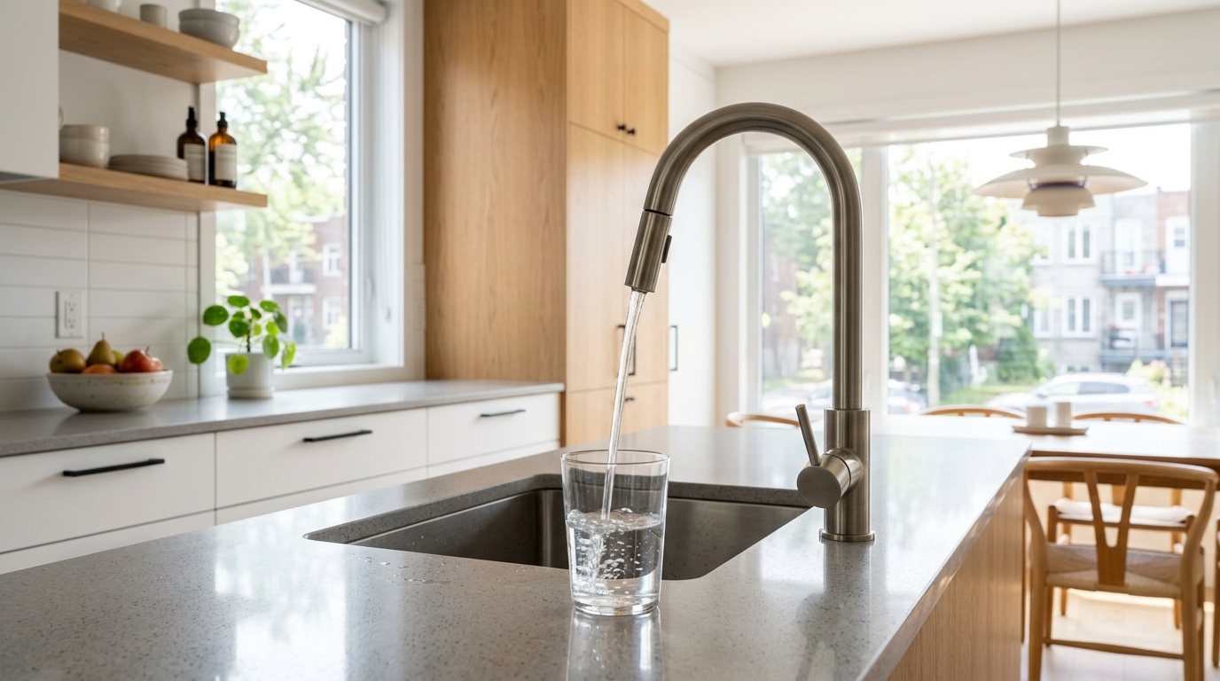 Robinet d'eau filtrée dans cuisine moderne de Montréal