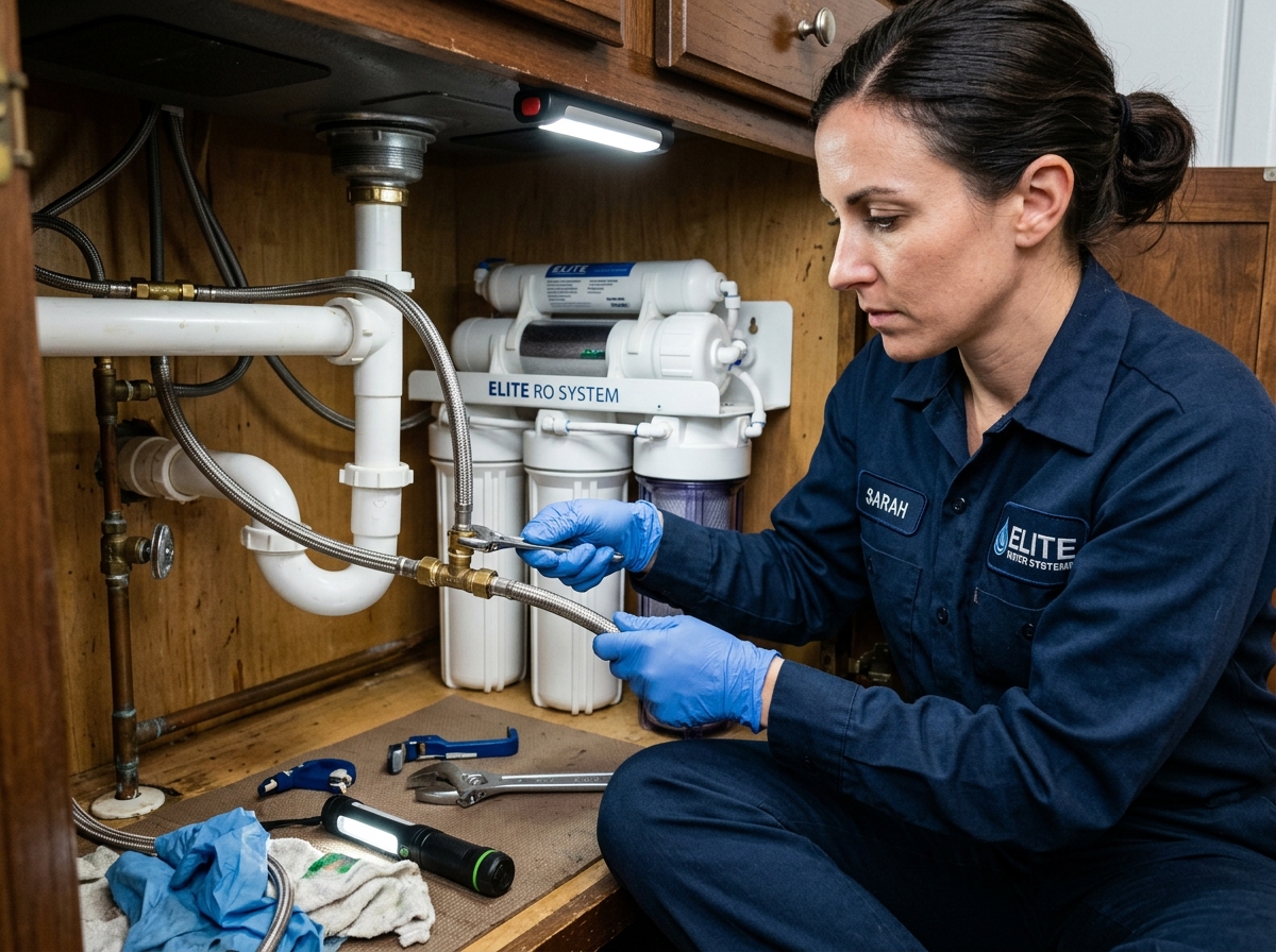 Technicienne raccordant la tuyauterie de filtration